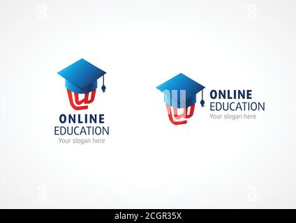 Logo en ligne de vecteur de remise des diplômes de l'école secondaire. E-mail arroba au symbole sous la case oxford Academic Cap. Signe d'éducation d'université d'Internet. Icône du réseau Illustration de Vecteur