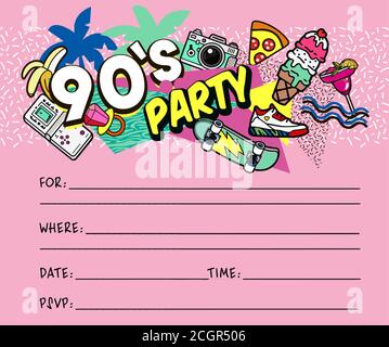 Retro 80s 90s Party invitations style rétro textures et mélange d'alphabet. Arrière-plan esthétique et graphique des années 80. Soirée musique pop et rock Illustration de Vecteur
