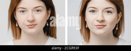 Avant et après la procédure d'extension des cils. Beaux yeux expressifs de la jeune femme avec faux longs cils Banque D'Images