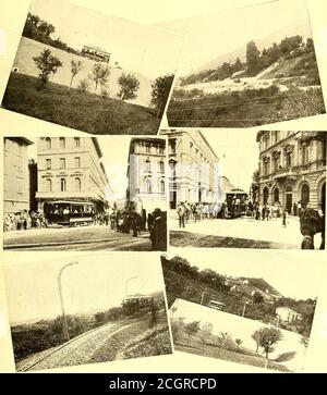 . Le journal de chemin de fer de rue . ND quatre chemins-ers, chaque wagon de chariot ayant une capacité de quarante passagers, vingt-quatre assis et seize sur les plates-formes. L'équipement électrique se compose de deux moteurs à eachcar, avec les contrôleurs en série parallèles habituels. Les brakessont trois en nombre, un un frein de segment, un frein de rail, et le troisième un frein électrique, la multiplicité des freins étant adoptée en raison des pentes sévères sur lesquelles les voitures doivent tourner. Les remorques sont des wagons ouverts avec une capacité de places inférieure à celle des wagons. Chacun est doté d'un frein à griffe puissant. Les voitures sont à la main Banque D'Images