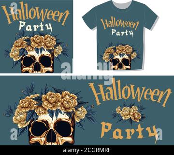 ensemble de décorations pour halloween, tête de mort en métal avec couronne à fleurs roses dorées, modèle imprimé pour t-shirt, affiche ou carte postale. tête de mort comme décor avec fleurs Illustration de Vecteur
