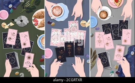 Une session avec un tueur de fortune avec des cartes de tarot, boire du café et attendre sur des cartes d'arcane au guide mystique, ensemble de croquis dessinés à la main affiches, bus Illustration de Vecteur