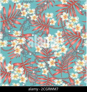 Luxueux motif élégant avec fleurs tropicales et feuilles de palmier à la mode des années 80, couleur corail vivante et sans couture turquoise Illustration de Vecteur