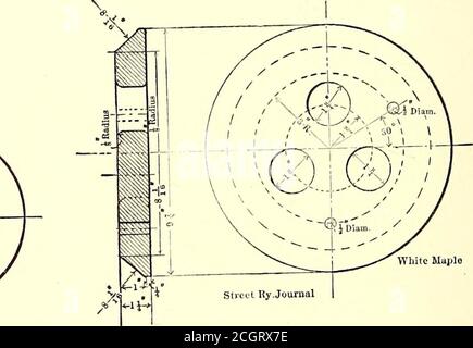 . Journal de chemin de fer de la rue . .couvercle intérieur en acier-—— 65 lb. CADRE ET COUVERCLE de TROU D'HOMME EN FONTE autour des trois conducteurs après leur torsion. Le revêtement de plomb a une épaisseur de 5-32 pouce. La tension de fonctionnement est de 1 3,200 triphasée, et chaque câble est soumis à un test de coupure de 26,000 volts entre tous les conducteurs avant les surtensions excessives qui peuvent se produire sur le système. Les câbles se terminent dans des cloches en bronze moulé, qui sont soutenues dans la centrale et les sous-stations immédiatement sous les interrupteurs à huile. Cette cloche est illustrée ci-dessous. La connexion est madeto o Banque D'Images