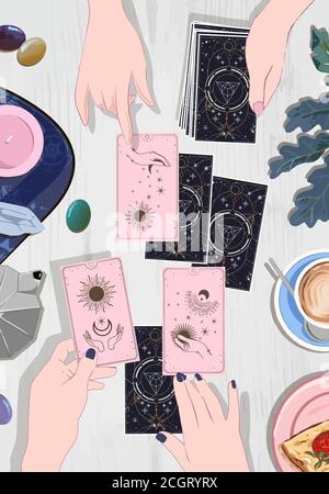 Une session avec un titreur de fortune avec des cartes de tarot, boire du café et attendre sur des cartes d'arcane au guide mystique, cartes de la lune et du soleil de tarot, mains installées Illustration de Vecteur