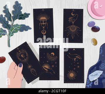 Une session avec un titreur de fortune avec des cartes de tarot, boire du café et attendre sur des cartes d'arcane au guide mystique, cartes de la lune et du soleil de tarot, mains installées Illustration de Vecteur