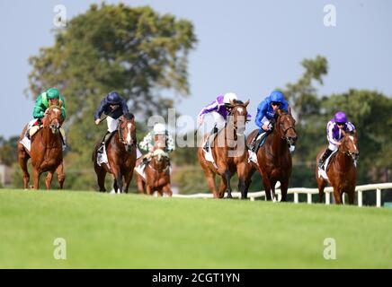 La magie de Seamus Heffernan (troisième à droite) bat Ghaiyyath (à droite) pour gagner les enjeux du champion irlandais du groupe 1 le premier jour du week-end des champions irlandais de Longines au champ de courses de Leopardstown, à Dublin. Banque D'Images