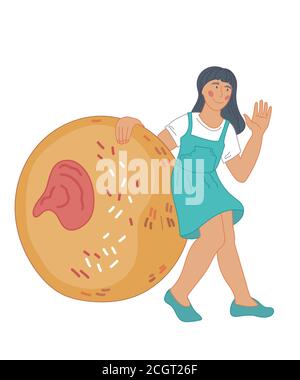 Fille avec donut sufganiyah pour illustration de vecteur plat de vacances juives Hanukkah. Illustration de Vecteur