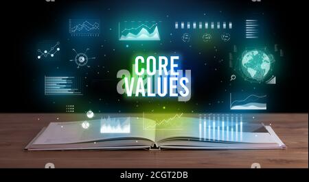 Les valeurs de base de l'inscription d'un livre ouvert, creative business concept Banque D'Images