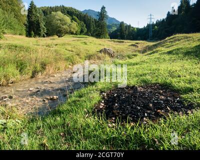 Cendres d'un feu de camp sur l'herbe verte au bord d'un ruisseau ou d'un ruisseau Banque D'Images