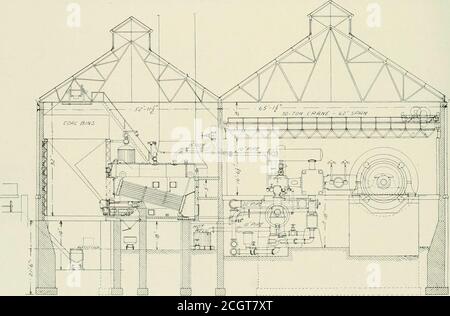 . Le chemin de fer de rue critique . cent pour trois heures. Court à 75 r. p. M. a été érigé et a commencé en août 1900. Il s'agit d'une connexion directe à un moteur Allis à condensation croisée de 3, ooo-h. avec cylindres de 36 et 72 po x 60 po La première unité est équipée d'une pompe à air et de circulation combinée Reynolds-Corliss, cylindre d'air ayant une course de 36 in. X 16 in. Et cylindre de vapeur d'une course de 14 in. X 18 in.; également un condenseur Wheeler ayant une surface de refroidissement de 3,000 pi2. La deuxième unité est équipée d'une pompe à air Blake combinée et d'une pompe de circulation avec des cylindres comme suit : vapeur, course de 16 po x 24 po ; air, 20 po x 24 po ; Banque D'Images