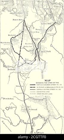 . The Street Railway journal . ed avec n'importe quel (exceptLynn & Boston) jusqu'à présent enquêté dans la banlieue de Boston, et montrent combien le voyage d'affaires quotidien régulier est important pour la prospérité de telles routes. Il y a un élément de la concurrence qui peut pos-sibly entrer dans la question de la prospérité permanente de ces propriétés dans un proche avenir, et c'est l'équipement pro-posé, par la New York, New Haven & Hart-ford Railroad Company, de sa Dedham circuit Line, qui 486 STREET RAILWAY JOURNAL. [Vol XIV N° 9. Sera exécuté à partir de la nouvelle station Southern Union à Bostonto Forest Hills et de là vi Banque D'Images