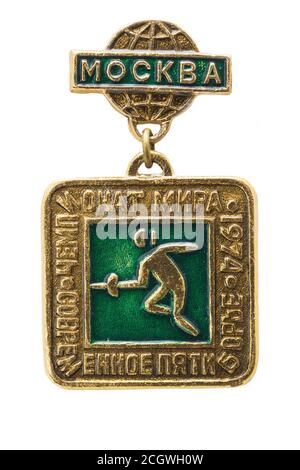 Moscou, Russie - SEP 09, 2020: Icon événement sportif dédié dans la ville de Moscou en 1974 sur fond blanc. Image d'un tireur et d'une inscription Banque D'Images