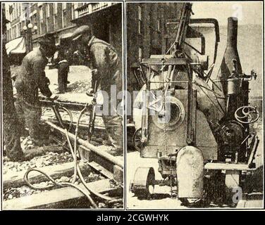 . Tourillon de chemin de fer électrique . ely 250 yard cube. Le coût des excavations et du chargement dans les wagons était en moyenne d'environ 13 cents de cour percubique. Le matériel a été transporté jusqu'à un dépotoir sur le mile du travail, et le coût total de l'excavation et du transport a été en moyenne légèrement supérieur à 50 cents par cour. Dès que la pelle s'était déplacée le long d'environ 60 ft.un rouleau vapeur de 10 tonnes (Fig. 8) a été coulé dans le trench et le sous-sol a été roulé en préparation pour le ballast.après compactage du lit de la tranchée, les cravates de chêne 6 po.x 8 po. X 8 pi. Ont été placées 2 pi. Centre à centre. Les rails étaient de 7 po. Lorain, article no 91-375. Activé Banque D'Images