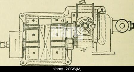 . Ingénieur américain et journal ferroviaire . FiO. 21.-SECTION LONGITUDINALE DE TUE TURBLNI. 2 si le disque est l'écrou au centre de l'arbre, ce dernier willcj.nmcuce par flexion; mais le plan de symétrie du disque devient incliné par rapport à l'axe géométrique, et, à mesure que la vitesse augmente, tend à s'ajuster perpendiculairement à cet axe, et ramène ainsi l'arbre en véritable alignement avec ses roulements. En fait, les arbres des turbines Laval sont en acier de très petits diamètres ; les roulements sont très longs ; ils reposent dans des boîtes en bronze avec des garnitures de méta anti-friction Banque D'Images