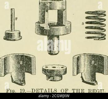 . Ingénieur américain et journal ferroviaire . FiO. 18.-TI1E REGU-LATOR.. -DÉTAILS DU REGU-LATOR. Les arbres rigides chaufferaient dans les roulements et une rupture de l'arbre. M. de Laval lias surmonter cette difficulté de façon ingénieuse et avec tout le succès, en utilisant les propriétés gyrostatiques des corps et en montant son roue d'une certaine manière sur un arbre très petit, et par conséquent veryflexible. Si un corps qui est symétrique par rapport à un axe tenu à ses ex-tremblements et passant par le centre de gravité est rendu toreface, il aura tendance, comme sa vitesse s'est accrue, à tourner autour de moi Banque D'Images