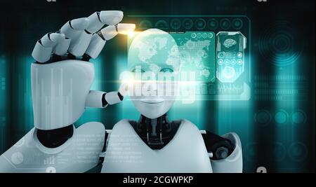 Robot humanoïde tenir HUD écran hologramme dans le concept de l'IA pensée cerveau, l'intelligence artificielle et le processus d'apprentissage machine pour la 4ème révolution industrielle. Illustration 3D. Banque D'Images