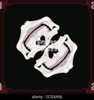 Motif vectoriel de foulard avec demi-crâne et os motif avec lignes rouges, à utiliser comme bandana et masque, le tout sur fond noir. Illustration de Vecteur