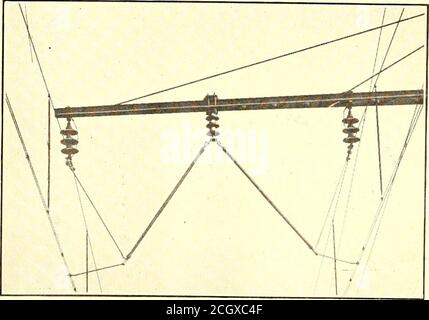 . Journal de chemin de fer électrique . retournement de l'événement. Comme ces poteaux latiqués sont nécessairement soutenus à l'extérieur des poutres de pont leur poids est porté sur des supports en acier twosstantial chacun, riveté solidement aux poutres extérieures du viaduc. Une photographie a été reproduite pour montrer cette construction. Dans le pont Hell Gate, les fils de contact sont reliés par des fils croisés attachés aux memberes en acier du pont. Ceci fait un système léger, discret ne pas nuire à l'apparence du pont.à chaque extrémité du pont de la porte de petit Enfer, les tours sont utilisées pour soutenir une croix de faisceau FO Banque D'Images