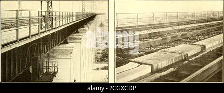 . Journal de chemin de fer électrique . La boîte de relais DE SIGNAL sur la jetée sous LE PONT de tension de viaduc SOUTENU SUR DES SUPPORTS INCURVÉS doit être utilisée comme alimentateurs de chariot. En saillie du haut du poteau est une tige qui porte à son extrémité supérieure, une distance de 8 pi au-dessus du bras transversal supérieur, un fil de terre i-ir galvan-Ized Siemens-Martin. Les fils de signal, qui sont N° 00, sont alimentés par le système de signalisation. Ils sont montés sur des isolateurs de type, qui est la norme New Haven pour 11 000 volts bien que la tension initiale soit beaucoup plus faible. En cas de défaillance d'un côté de la ligne, le courant sera automatiquement lancé Banque D'Images