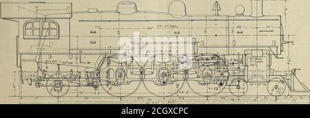 . Maître mécanicien de chemin de fer [microforme] . type juste à l'arrière des roues motrices intermédiaires. L'engrenage de soupape étant à l'extérieur des châssis, une grande souplesse d'utilisation est donnée pour le renfort de châssis rigide. En plus de la plaque de plancher à l'arrière et du moulage de remplissage devant les capteurs, qui s'étend de nouveau sous les cylindres jusqu'à leur centre, il y a une crosse lourde juste à l'arrière du socle avant et une entre les roues d'entraînement intermédiaire et principale, toutes en acier moulé. La chaudière est de type à support radial à dessus droit et présente un diamètre extérieur de 80 pouces au niveau de la bague avant. Il contient 381 2 pouces Banque D'Images