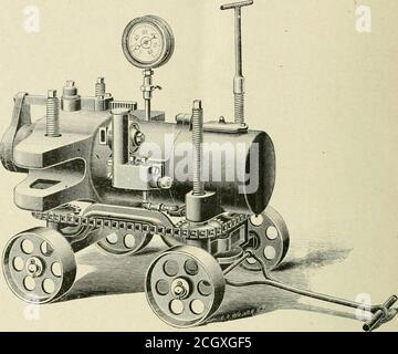 . American ENGINEER and Railroad journal . Steam Hammer.English routes qui utilisent maintenant des presses hydrauliques à essieu prétendent que leur pourcentage de pertes est réduit de plus de.que 40 pour cent, par leur utilisation.Axle redressage Press.cette machine est conçue avec un cadre de roulement qui tourne sur des rouleaux roulement sur la bride inférieure des poutres. La disposition de la pompe à air est indépendante du vérin et se trouve sur un support fixé au châssis de déplacement, à une hauteur du plancher, ce qui facilite l'utilisation. Le mouvement vertical du vérin hassa de 4 in. Et est fourni avec un pignon de rackand pour l'amener Banque D'Images