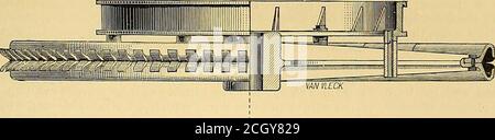 . bulletin de chemin de fer électrique . POULIE À POIGNÉE AVEC ÉLÉVATION DE ROUE DE FREIN EN COUPE. Fig. 16 et 17. Iron Works de cette ville. Ils sont de 250 chevaux-puissance chacun, et peuvent être utilisés séparément ou ensemble. L'un suffit pour effectuer l'ensemble du travail, et l'autre sera gardée en réserve pour être utilisé en cas d'accident à l'autre. Ils sont faits pour fonctionner à 90 tours par minute, si re-quired, donnant une vitesse d'environ 8 miles par heure. COM-plete, les moteurs pèsent plus de 60 tonnes. Tous les roulements sont en laiton. Le moteur coûte plus de 15,000 $. Sous la rue se trouvent les machines et les roues sur lesquelles passe le câble Banque D'Images