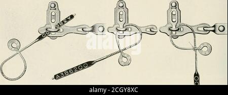 . Ingénieur mécanique ferroviaire . Blocage permanent de l'écrou Stevenson. Plus profond au point du boulon et réduisant progressivement l'inprofondeur. La rondelle utilisée a tw-o des ergots d'extension internes tetit les rainures sur l'Ijolt. L'écrou a des renfoncements sur trois de ses bords extérieurs pour recevoir la partie disversée de l'outerrime de la W-asher après le serrage de l'écrou. La construction Tlie indiquée assure la facilité d'application de la rondelle sur la vis Ijefore en appliquant l'écrou, comme l'. Joint d'étanchéité de voiture à fermoir tournant Brooks cassant le fil. Pour déverrouiller le joint, cette boucle est simpluntordue et le côté enfermé du fil est ainsi Banque D'Images