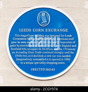 Plaque bleue au sein de Leeds Corn Exchange fournie par Leeds Civic Trust, Yorkshire, Angleterre, Royaume-Uni Banque D'Images