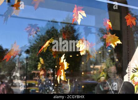 L'automne laisse une vitrine pour la saison d'automne accrochée dans le magasin fenêtre Banque D'Images