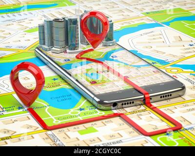 Concept de navigation GPS. Application pour smartphone avec gratte-ciel et deux épingles avec itinéraire sur la carte de la ville. illustration 3d Banque D'Images