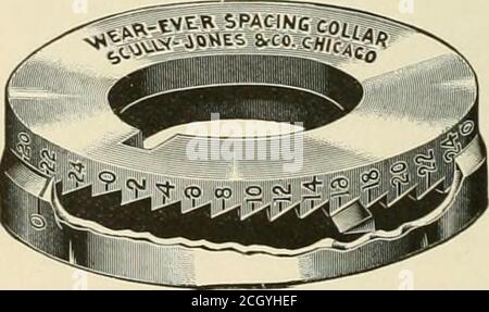 . Âge ferroviaire gazette . uired. Les ours sont faits d'un bronze phosphoreux spécial. Les fonctions de marche arrière de Tlie sont très simples et puissantes et réglables de l'extérieur pour toute usure. Le système de transmission est complet et presque tous les engrenages tournent dans l'huile. La machine a un poids net de 4,200 lb. COLLIER À ESPACEMENT RÉGLABLE UN collier conçu principalement pour une utilisation dans les opérations de fabrication de la machine à fraiser où deux ou plusieurs fraises sur l'arbre de la fraise doivent être espacées de façon exacte, est illustré dans l'illustration ci-jointe. Lorsqu'il est nécessaire de meuter le côté de la t Banque D'Images
