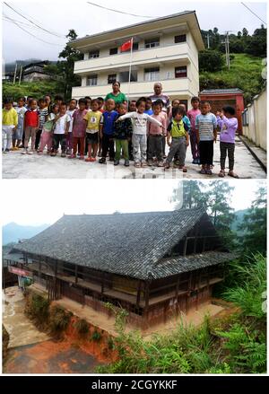 (200913) -- RONGJIANG, 13 septembre 2020 (Xinhua) -- cette photo combinée montre Gun Luquan et Pan Mingzhen posant avec des élèves devant le nouveau bâtiment scolaire de l'école primaire Miaoben dans le comté de Rongjiang, dans la province de Guizhou, dans le sud-ouest de la Chine (en haut, photo prise le 9 septembre 2020); et un fichier photo non daté de l'ancien bâtiment de l'école (bas). Gun Luquan et son épouse Pan Mingzhen sont un couple d'enseignants qui se sont consacrés à des étudiants ruraux à l'école primaire Miaoben pendant plus de 20 ans dans le comté montagneux de Rongjiang. Comme les deux seuls membres du personnel enseignant de l'école, Gun et Pan ont Banque D'Images