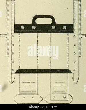 . Journal américain des ingénieurs et des chemins de fer . Channelsqui sont fixés à des chapes en fonte. Les plaques d'acier sont placéesdirectement sur le dessus de la fourche avec un côté tourné à droite pour former le goutte dans le conduit. Les isolateurs supportent les moulages malléables, sur lesquels des lèvres sont fournies pour fermer le tuyau d'alimentation du conduit, qui est en tuyau de fer doublé avec du bois traité. Les rails conducteurs sont boulonnés sur des pièces moulées malléables, et les ravisseurs sont collés aux extrémités par de lourdes bandes souples. Des dispositions sont prises pour la contraction et l'expansion dans les articulations, ainsi que pour de légers mouvements du Banque D'Images