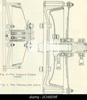 . Industries automobiles . deux ou plus, équidistants autour de la circonférence près de la périphérie de l'embrayage sont souvent employés. L'embrayage de Thornycroft illustré à la Fig est une excellente excitation. 5, qui emploie deux ressorts à lames stratifiées, un de chaque côté de l'axe. Ils sont fixés à la jante du volant moteur par des boulons et entrent en contact au centre avec le roulement de butée à billes. La poussée du ressort d'engagement est généralement prise par l'unité d'embrayage du volant, c'est-à-dire que le twoor parfois l'embrayage seul est autonome, et la poussée est transmise aux membres externes sauf sur les dés-engagemen Banque D'Images