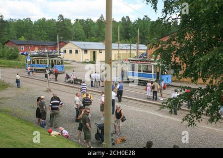 TRAMS HISTORIQUES de Malmköping en Suède. Vue sur la piste des associations Banque D'Images