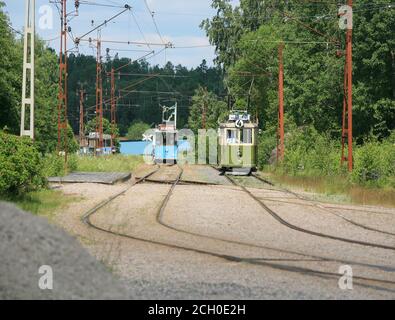 TRAMS HISTORIQUES à Malmköping en Suède. Trams sur la bonne voie Banque D'Images