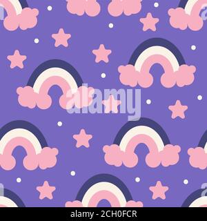 Illustration de dessin animé avec nuages, arc-en-ciel et étoiles. Motif graphique moderne sans coutures Illustration de Vecteur
