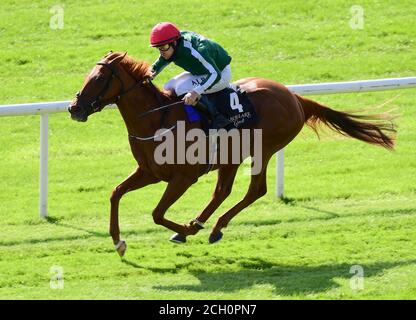 Cayenne Pepper, criblée par le jockey Shane Foley, remporte la course de joyaux de Blandford Stakes (Groupe 2) lors du deuxième jour du week-end des champions irlandais de Longines à l'hippodrome de Curragh. Banque D'Images