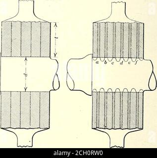 . Tourillon électrique . ent auquel le métal dans le hubis s'étire proportionnellement à son diamètre d'origine, (2)l'épaisseur du métal dans le moyeu, et (3) lalargeur du moyeu. Cela ne tient pas compte de l'effet des différents matériaux, et bien que cette variéeslargement dans différentes classes de roues, le résultat général peut être considéré approximativement constant dans eachgroup. Puis, en vous reportant à la Fig. 1, nous pouvons considérer le moyeu composé d'un certain nombre de bagues d'épaisseur t, de diamètre interne d et de largeur unitaire. L'intensité de la contrainte en livres par pouce carré dans chaque anneau le sera Banque D'Images