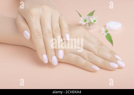 Mains de fille de beauté naturelle, cosmétiques de main avec extrait de fleur sec, produit. Soins et beauté de la peau, hydratation de la peau et Spa Banque D'Images