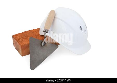 Outils Bricklayer. Outils Mason - Trowel, briques et casque blanc isolé sur fond blanc Banque D'Images