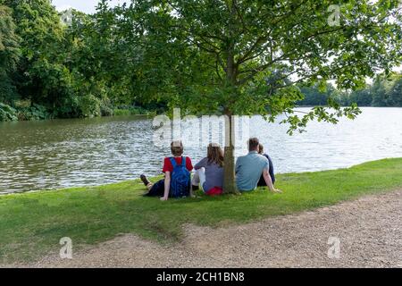 Une famille de quatre personnes s'assoient sous un arbre près d'un lac pendant une journée d'été dans cette scène très relaxante. Banque D'Images