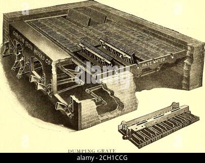 . Le journal de chemin de fer de rue . ral petites unités et en évitant tout gauchissement et brouillage dans le four. La coupe qui l'accompagne illustre la disposition de vidage sous la grille, par laquelle deux sections avant sont déversées vers le collecteur et deux sections arrière sont déversées de la même manière,montrant la latitude autorisée par l'utilisation de cette grille,par laquelle n'importe quelle section peut être déversée à volonté, ou l'incendie entier peut être jeté si l'occasion l'exige. Dans le cas où une barre doit être réparée, il est facile de faire sortir la FIG. 6.—L'OUVREUR SUR LA PORTE PLIANTE fait charbon une partie de la grille sans perturber l'équilibre 01ème Banque D'Images