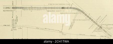 . Le point de vue de la rue sur les chemins de fer... Il doit être sous-raboutque Fig. Je ne suis pas repris du schéma de travail, mais il s'agit simplement d'un schéma pour montrer la manière de poser le câblage et les contrepoids. Référence au plan général, fig. 2, fera clairement le dérangement des pistes en général, avec les croisements à chaque extrémité, et montre également les nuances et les courbes. Les rails de guidage doivent être Johnson 5-in., 80-lb. T, sauf sur la courbe horizon-tal où Johnson 6-in.. Les rails de protection de 92 lb sont utilisés ; les rails de fente sont Johnson 7 po., 70 lb. Barres en Z. Les Therails dans le conduit du contrepoids sont également de 5 pouces Banque D'Images