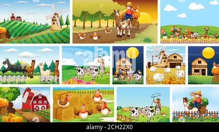 Ensemble de différentes scènes de ferme avec illustration de style de dessin animé de ferme d'animaux Illustration de Vecteur