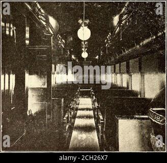 . Journal de chemin de fer de rue . ng 62 pi. 6 po de long et 9 pi 6 ins.large sur tout, mais la caractéristique distinctive des voitures est l'agencement des compartiments dans l'intérieur et la finesse avec laquelle ils sont finis. La carrosserie est construite sur l'encadrement inférieur en acier de série de la St. LouisCar Company et les seuils s'étendent jusqu'aux bosses à chaque extrémité, ce qui renforce l'encadrement inférieur. Les voitures sont conçues pour fonctionner dans des sièges recouverts de cuir et des chaises en osier et sont chauffées par électricité. Un grand dôme construit dans le plafond contient dans l'itscenter Banque D'Images
