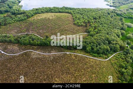 Vue aérienne de la réserve naturelle de la Moss Rouge, Balerno, Midlothian. Banque D'Images