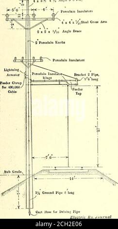 . Journal de chemin de fer électrique . les liaisons deviennent défectueuses. CONSTRUCTION SUSPENDUE sauf pour une ou deux caractéristiques inhabituelles, les manchettes sont conformes à la pratique générale. Le chariot est monté sur des bras de mât de tuyau, à 17 pi au-dessus du haut du therail, et à son tour le bras de mât est fixé à un poteau de cèdre de 40 pi.Idaho qui porte également les fils de ligne de téléphone, de signal et de transmission. Un élément nouveau dans la construction de la ligne aérienne est le bras transversal utilisé pour soutenir les lignes de transmission. Ce bras est un angle de braquage structurel de 4 po x 4 po x 7 po/16 po, réglé à 2 pi du centre, afin de donner une clarté de 4 pi Banque D'Images