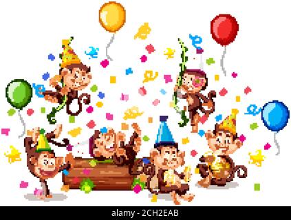 Groupe de singes dans le thème de partie isolé sur fond blanc illustration Illustration de Vecteur